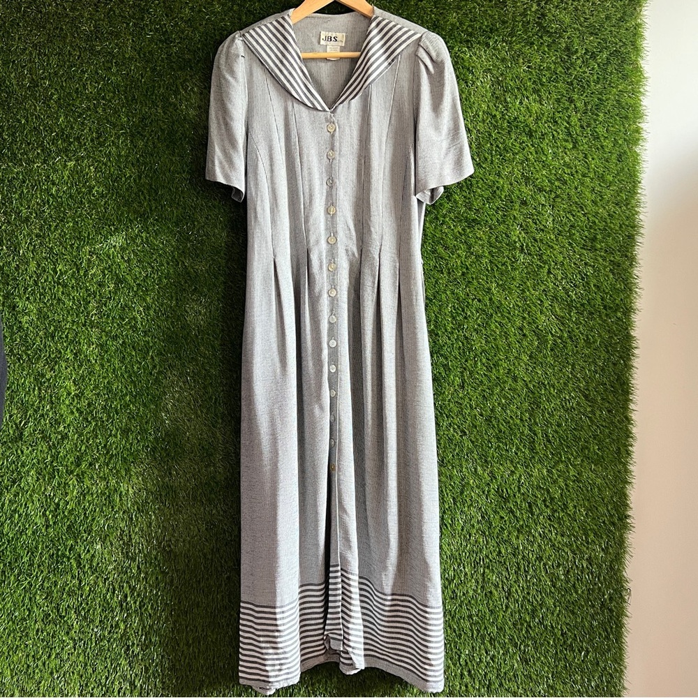 Vintage JBD Midi Dress Rayon Oversized Collar Stripes Shirtdress